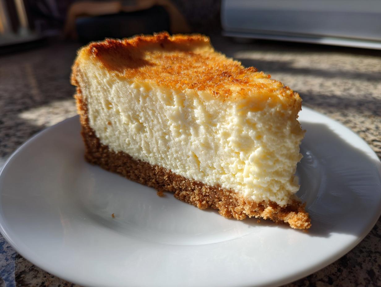 A thick, creamy slice of new york cheesecake featuring a golden-brown top and a graham cracker crust, served on a white plate.