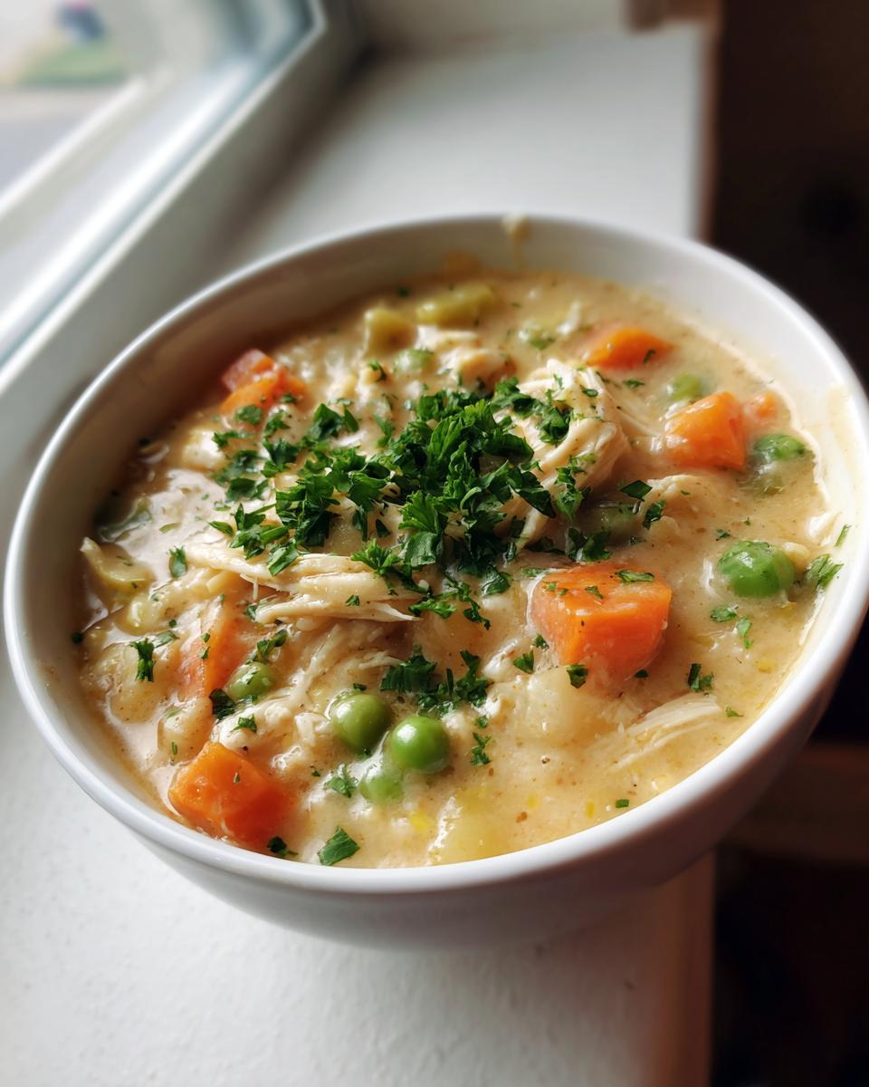 Close-up of creamy chicken pot pie soup filled with carrots, peas, and shredded chicken, topped with fresh parsley.