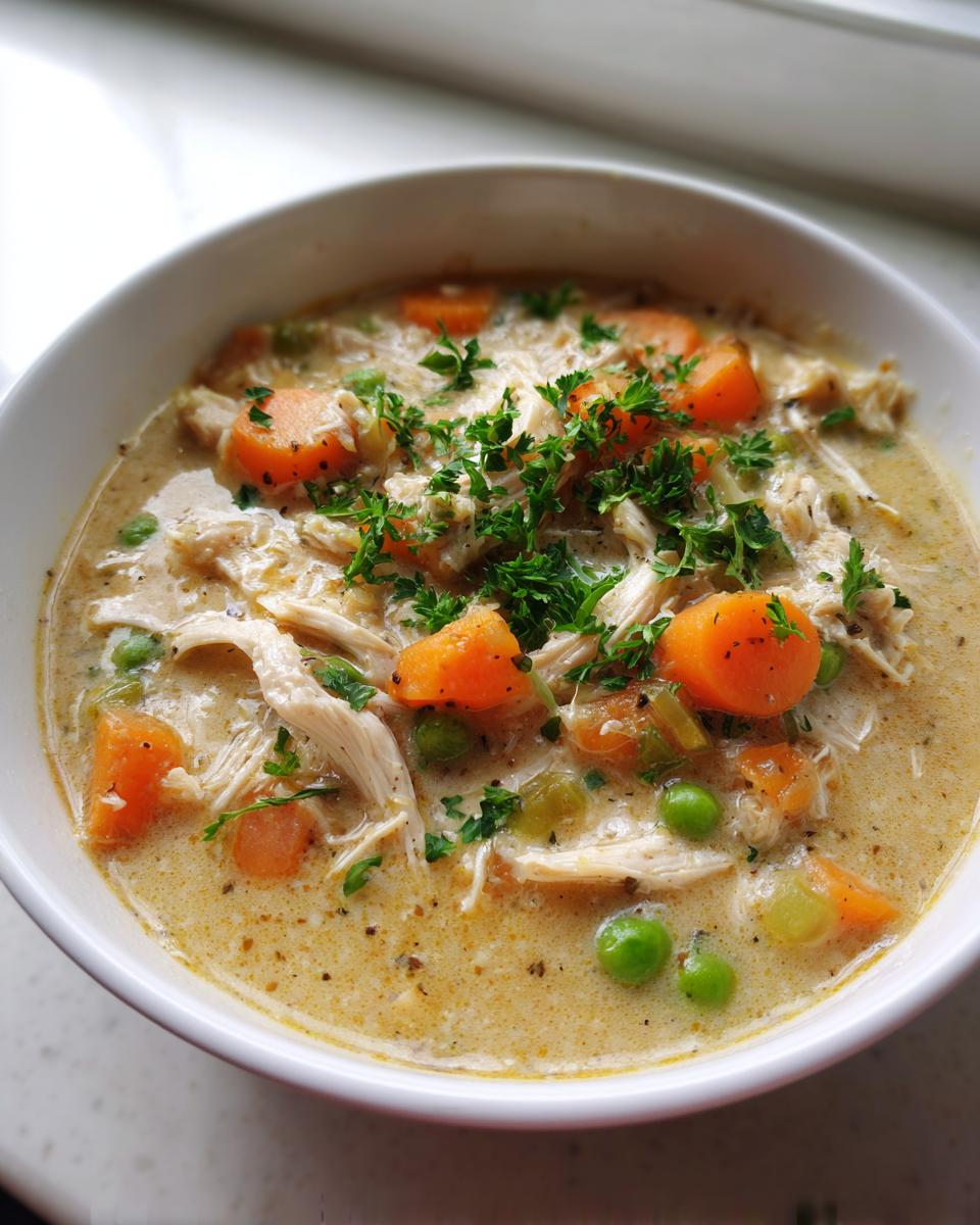 Close-up of creamy chicken pot pie soup with shredded chicken, carrots, peas, and fresh parsley garnish.