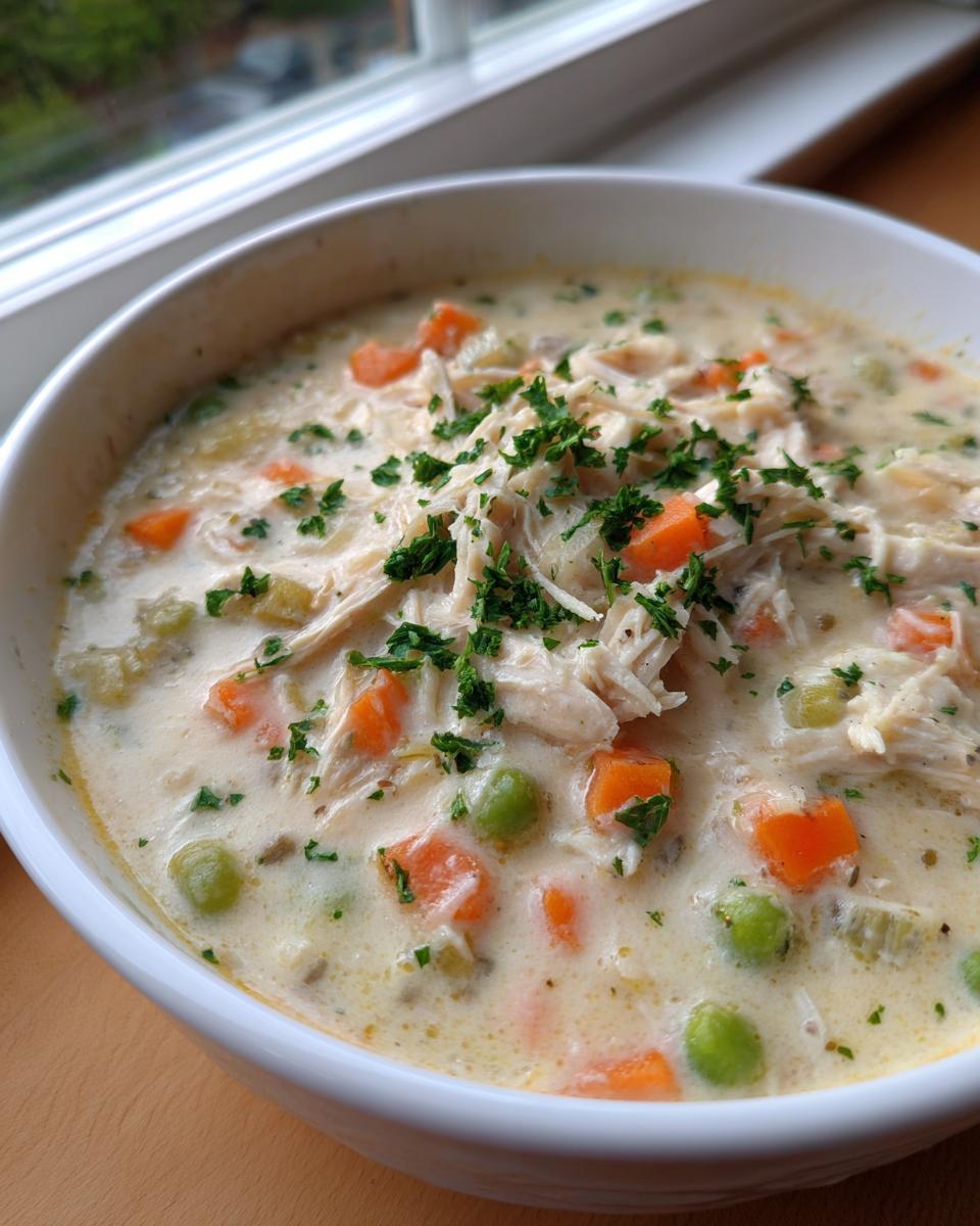Close-up of creamy pot pie soup loaded with shredded chicken, carrots, peas, and parsley garnish.