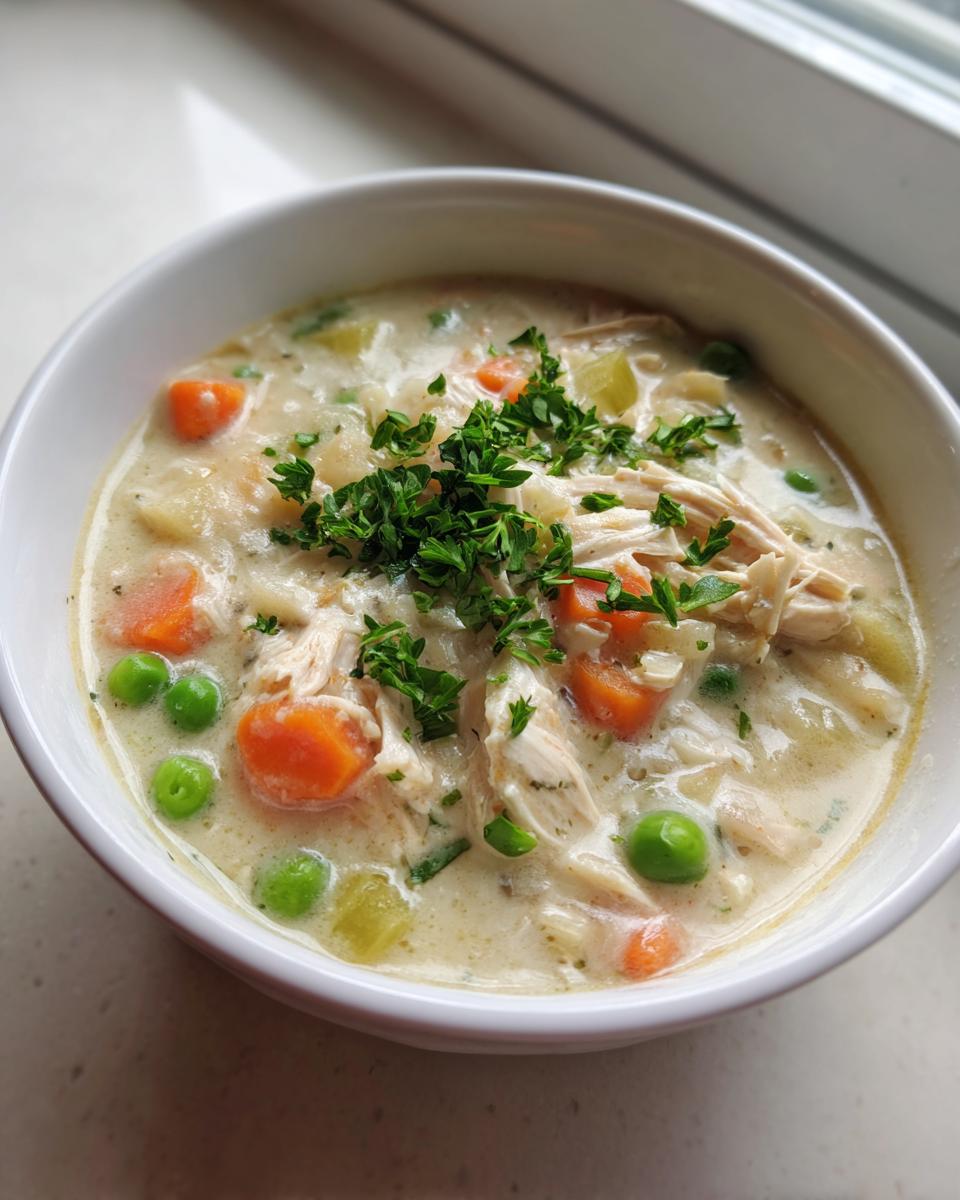 Close-up of creamy pot pie soup filled with shredded chicken, carrots, peas, and garnished with fresh parsley.