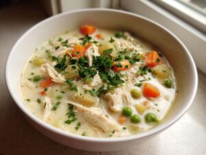 Close-up of creamy chicken pot pie soup with shredded chicken, carrots, peas, and potatoes, topped with fresh parsley.