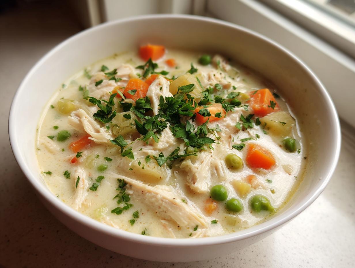 Close-up of creamy chicken pot pie soup with shredded chicken, carrots, peas, and potatoes, topped with fresh parsley.