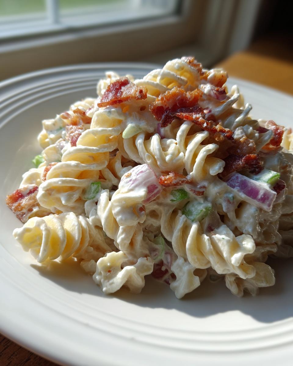 Close-up of creamy ranch pasta salad with rotini pasta, bacon bits, red onion, and green onion.