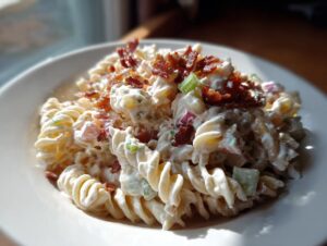 A close-up of creamy ranch pasta salad featuring fusilli pasta, vegetables, and crispy bacon crumbles.