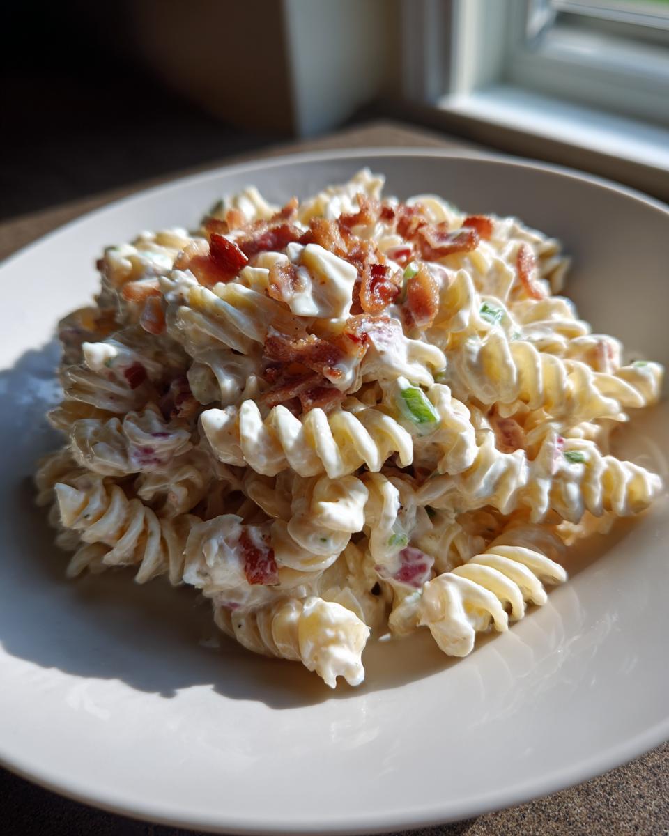 A close-up of creamy ranch pasta salad made with rotini pasta and topped with crumbled bacon.