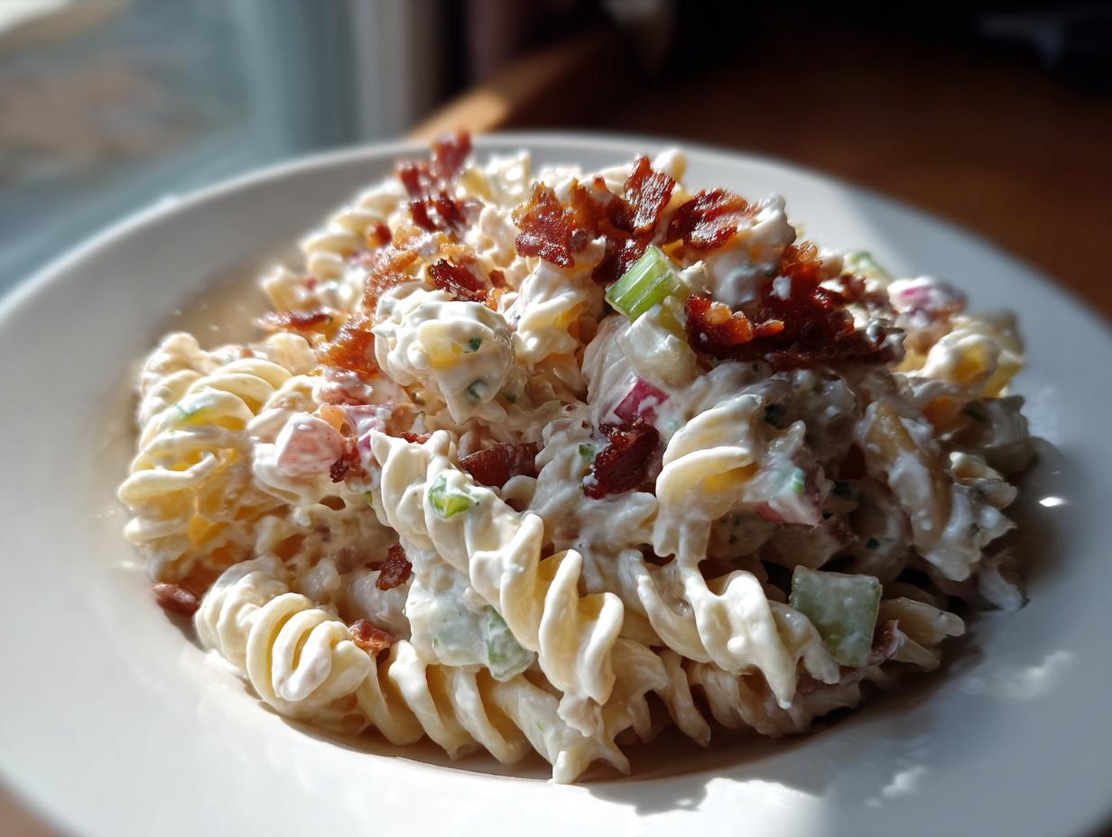 A close-up of creamy ranch pasta salad featuring fusilli pasta, vegetables, and crispy bacon crumbles.