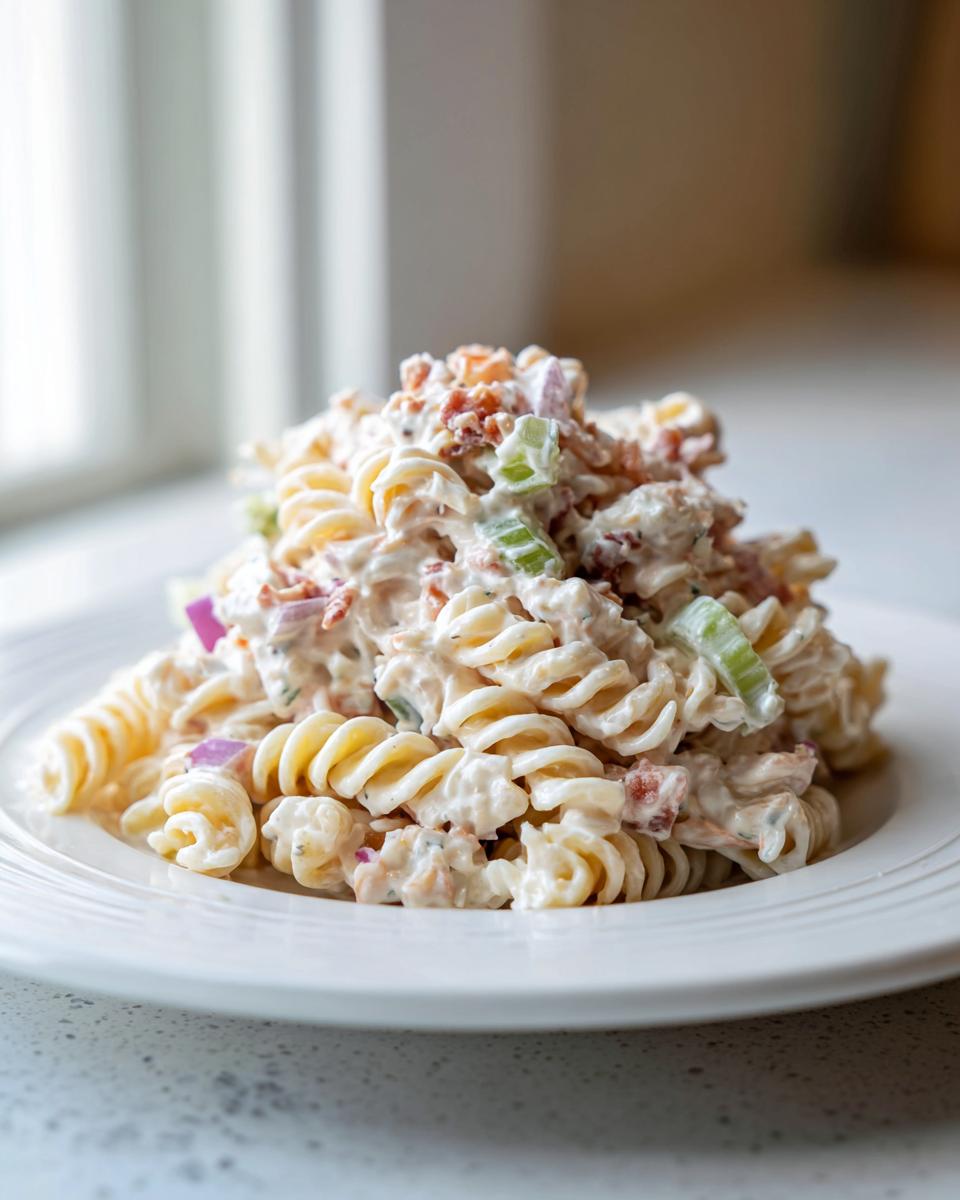 Close-up of a serving of creamy ranch pasta salad featuring rotini pasta, bacon bits, celery, and red onion.