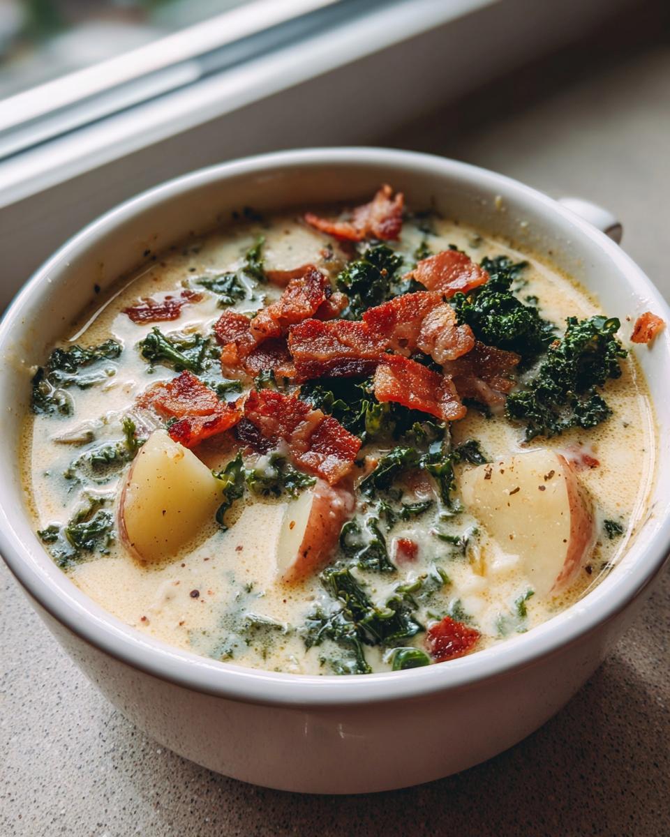 Close-up of a creamy bowl of Zuppa Toscana soup topped with crispy bacon, kale, and potato chunks.