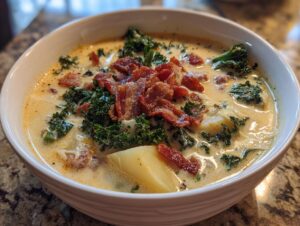 A close-up of a hearty bowl of Zuppa Toscana soup topped with crispy bacon and kale.