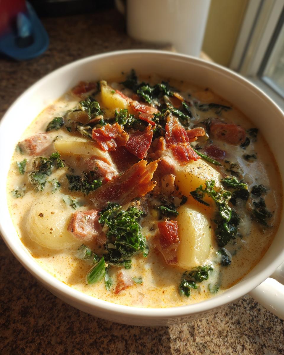 Close-up of a hearty bowl of Zuppa Toscana soup topped with crispy bacon pieces and kale.