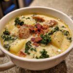 Close-up of a hearty bowl of Zuppa Toscana soup with sausage, potatoes, kale, and bacon bits.
