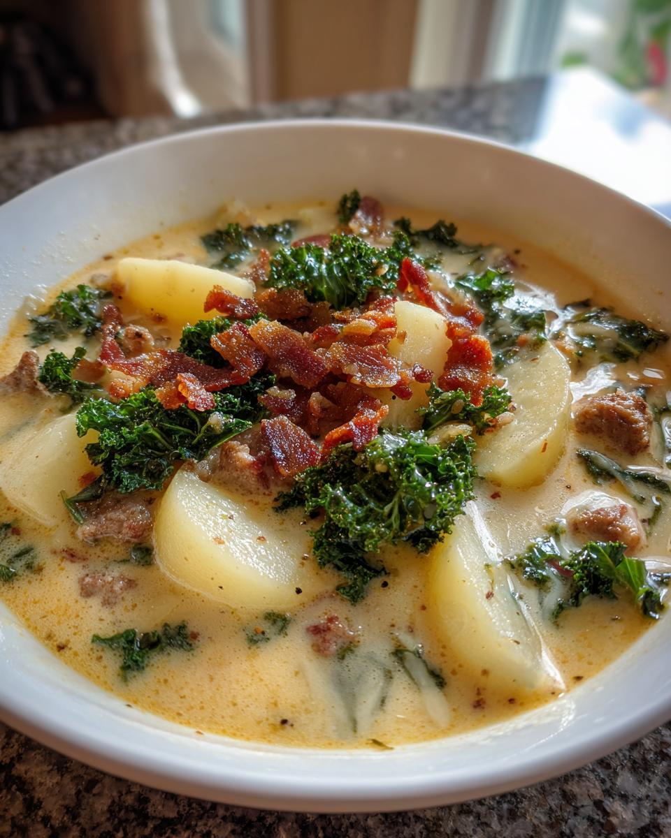 Close-up of a bowl of creamy Zuppa Toscana soup topped with potatoes, sausage, kale, and crispy bacon.
