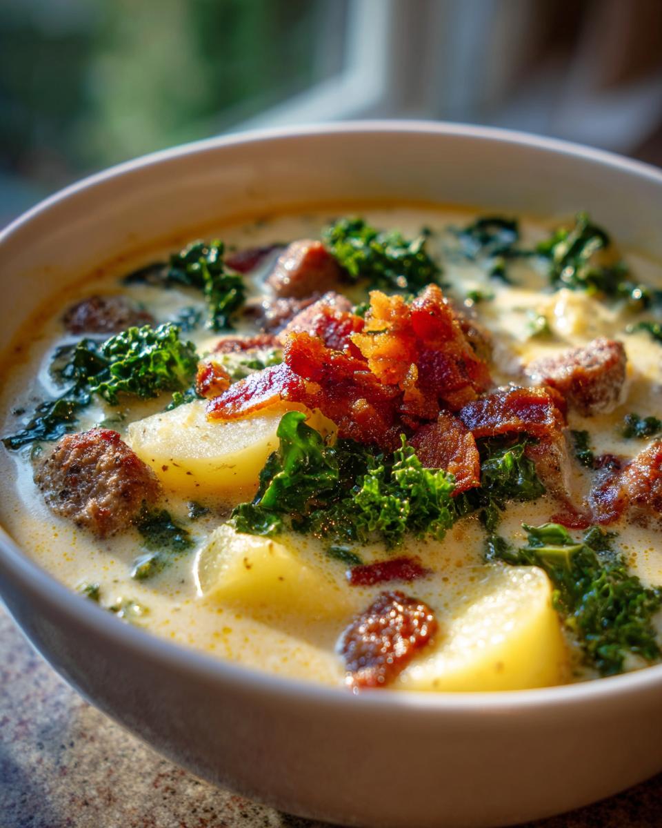 Close-up of a bowl of creamy Zuppa Toscana soup topped with sausage, potatoes, kale, and crispy bacon.