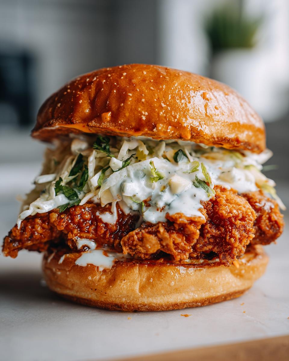 Close-up of a juicy buffalo chicken sandwich featuring crispy fried chicken, creamy slaw, and a glossy bun.