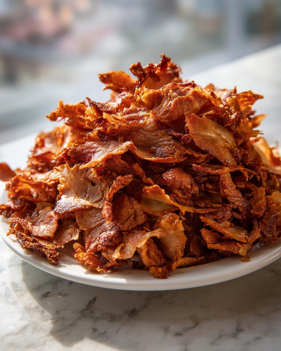 A large pile of thinly sliced, crispy, browned meat, resembling homemade doner kebab, served on a white plate.