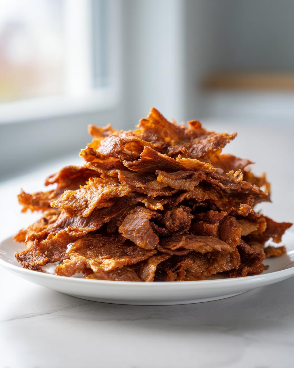 A large pile of thinly sliced, crispy, seasoned meat resembling doner kebab shavings on a white plate.