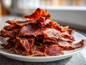 Close-up of thinly sliced, crispy, seasoned meat piled on a white plate, resembling components for homemade doner kebab.