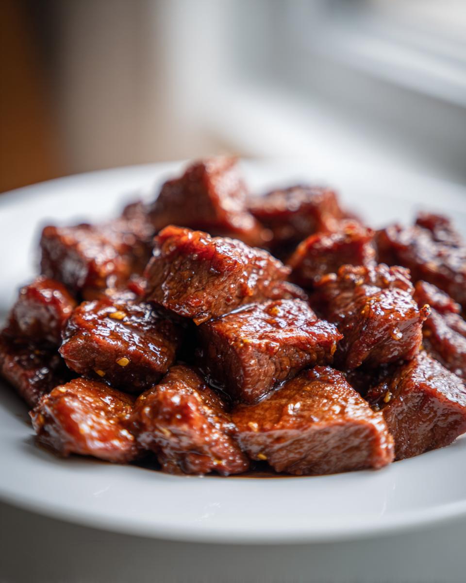 Close-up of tender, glazed crockpot steak bites piled high on a white plate, glistening with sauce.