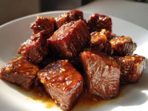 A close-up of tender, glazed crockpot steak bites piled on a white plate, glistening with sauce.
