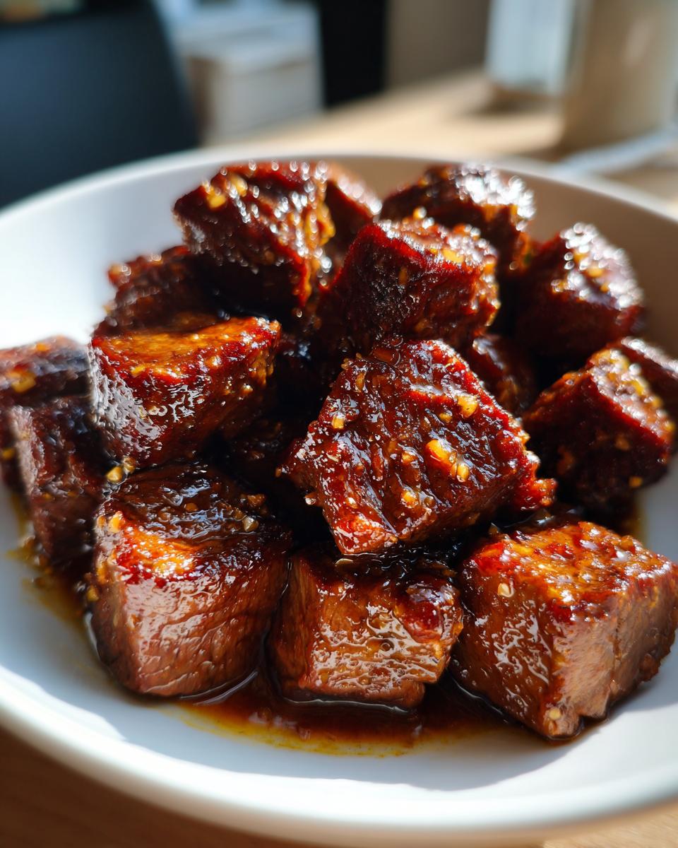Close-up of tender, dark, glazed crockpot steak bites glistening with sauce and visible spices in a white bowl.