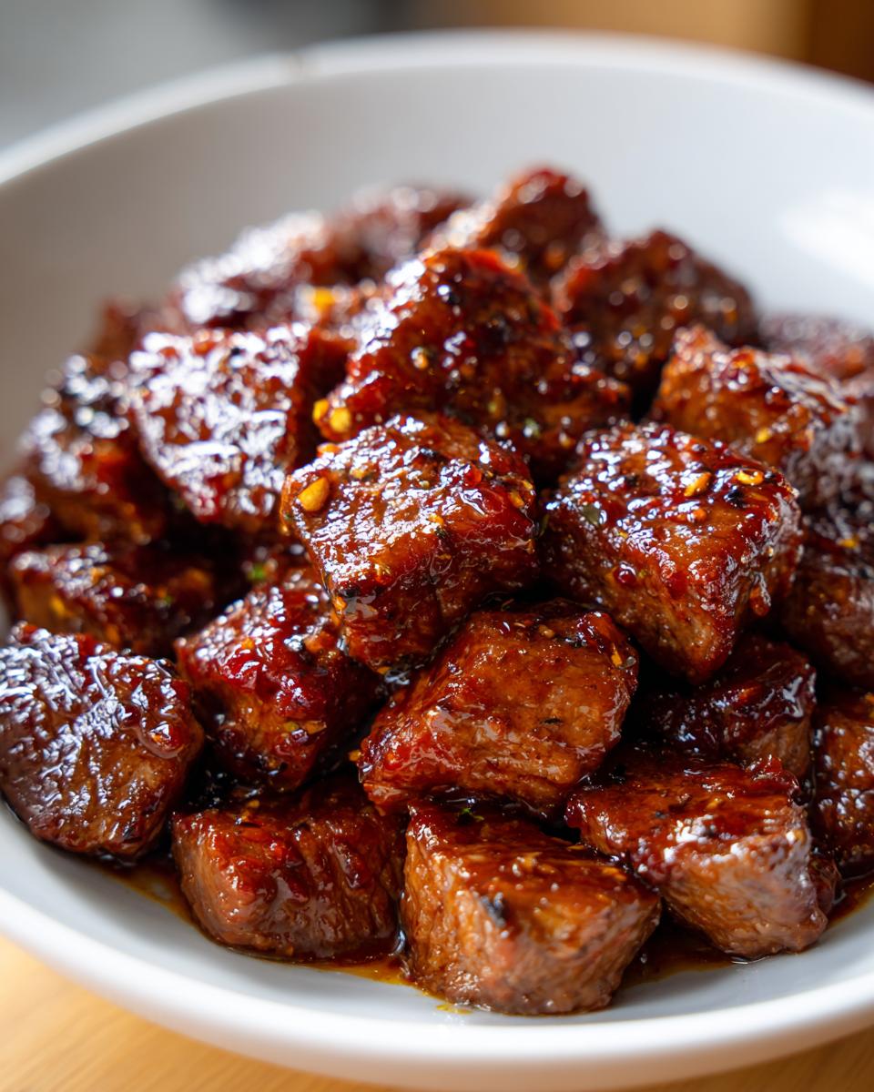 Close-up of tender, glazed crockpot steak bites piled high in a white serving bowl.