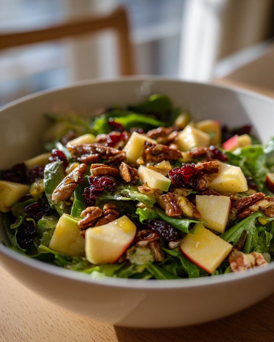 A close-up view of a fresh apple salad featuring crisp greens, diced apples, pecans, and dried cranberries.
