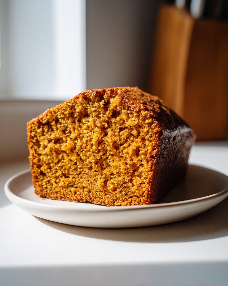 A close-up of a freshly baked loaf of easy pumpkin bread, showing its moist, dense crumb, resting on a small plate.