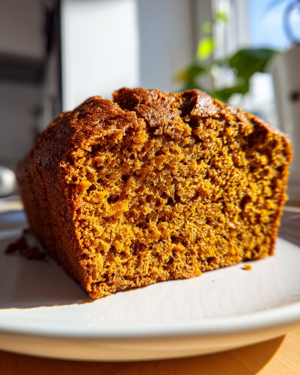 A close-up view showing the moist, open crumb texture of a slice of easy pumpkin bread.