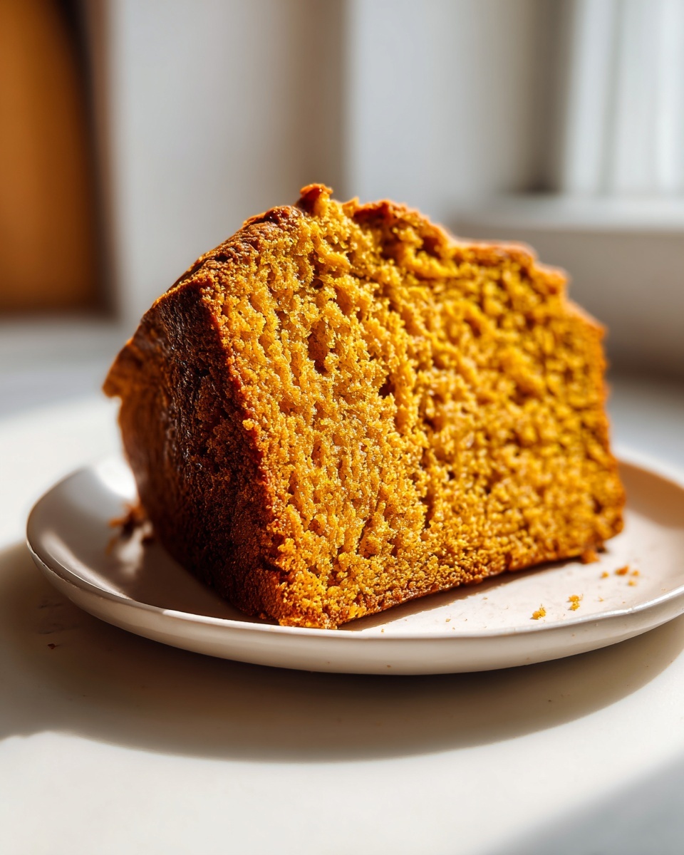 Close-up of a thick slice of moist easy pumpkin bread on a small white plate.