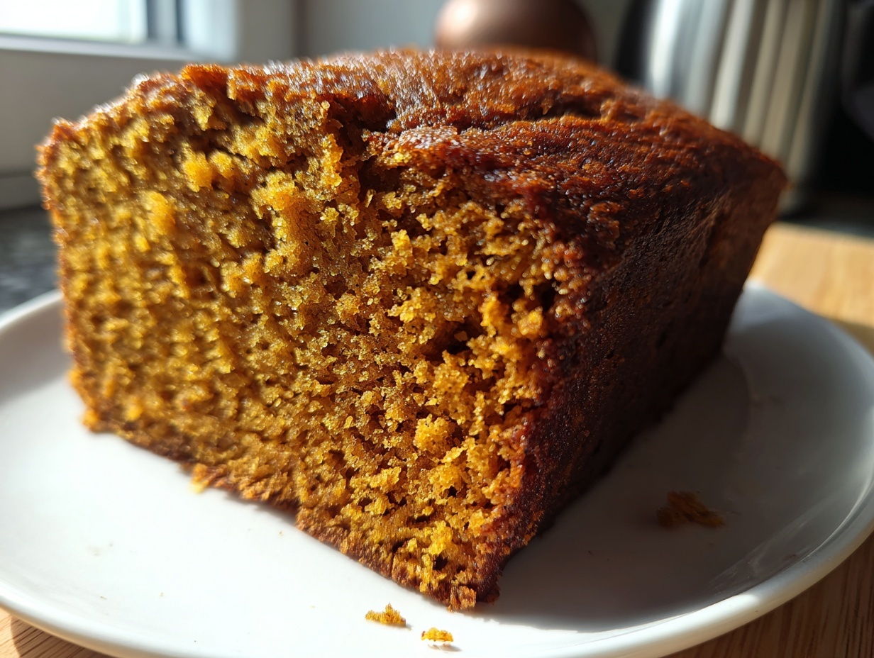 Close-up of a thick, moist slice of easy pumpkin bread showing its rich orange crumb texture.