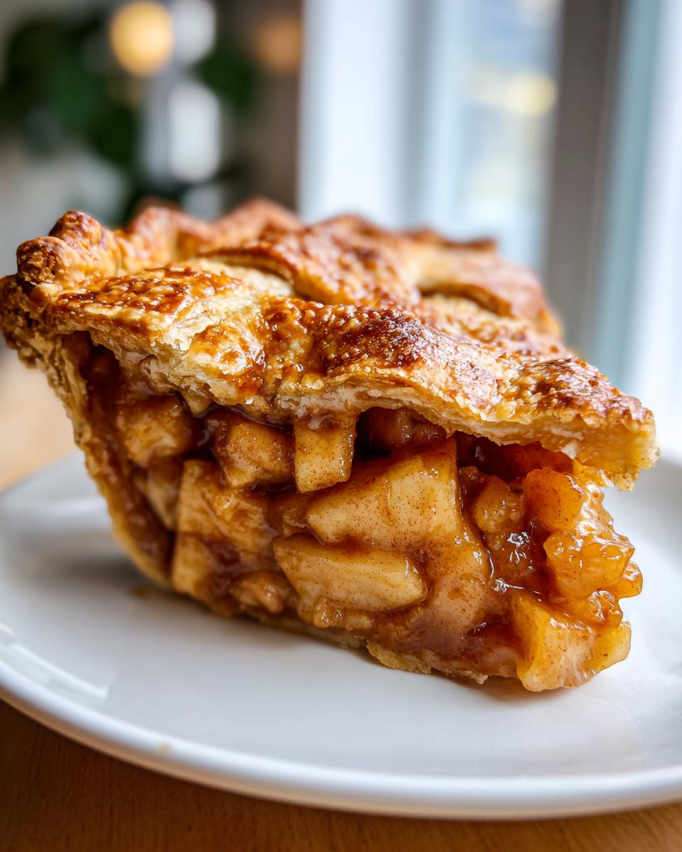 Close-up of a thick slice of homemade apple pie showing flaky crust and cinnamon-spiced apple chunks.