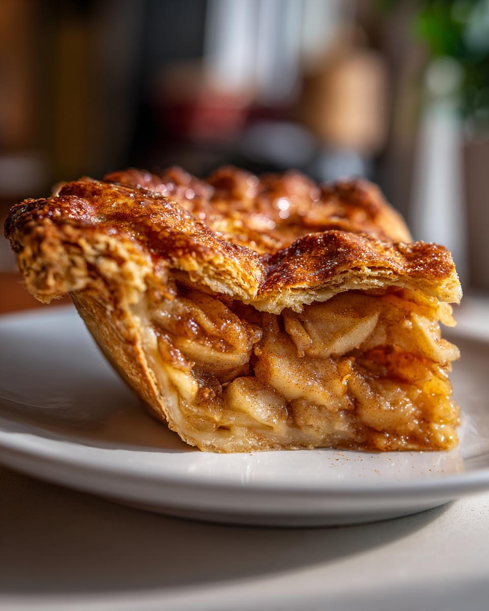 Close-up of a thick slice of homemade apple pie showing flaky crust and caramelized apple filling.