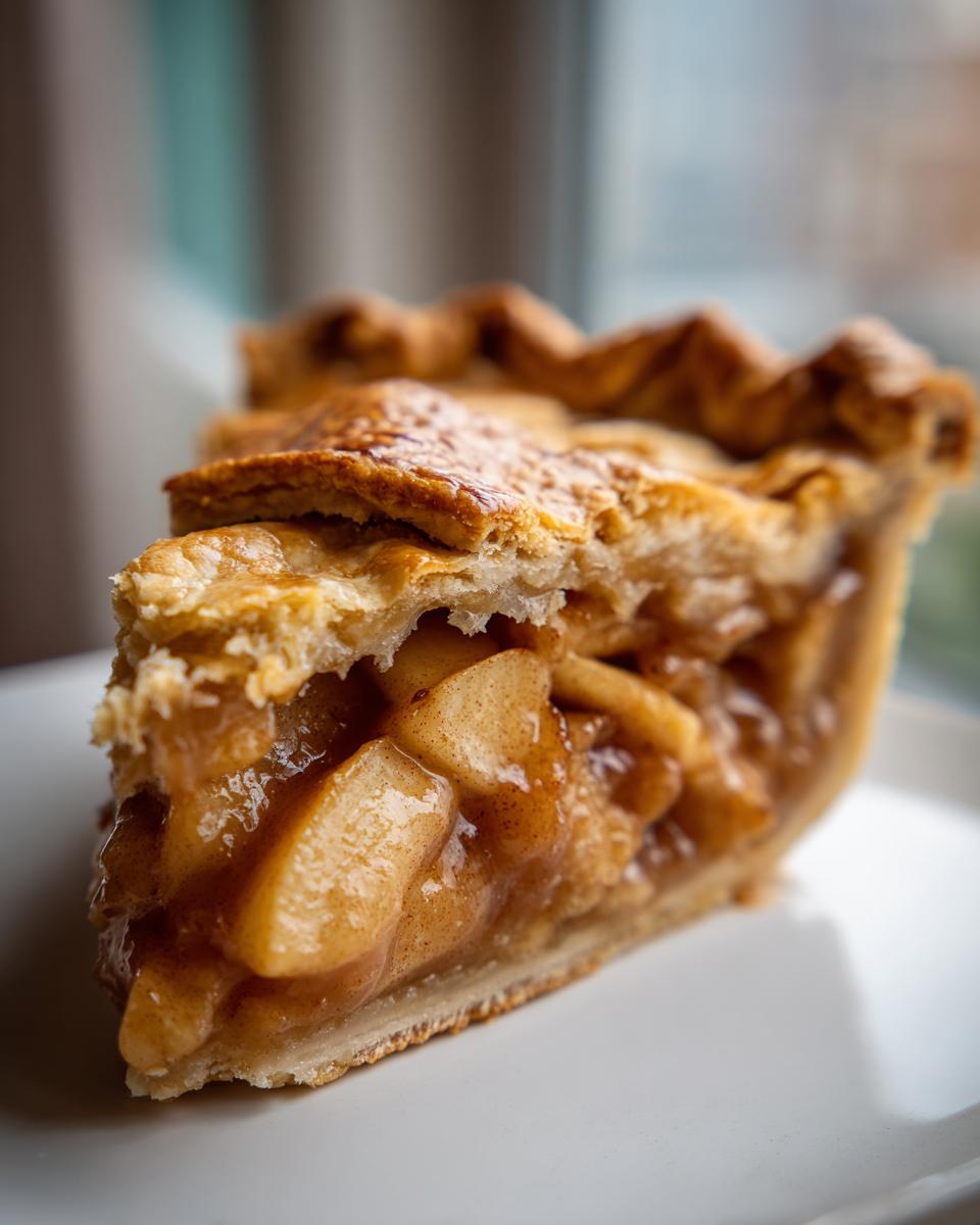Close-up of a thick slice of homemade apple pie showing flaky crust and cinnamon-spiced apple filling.