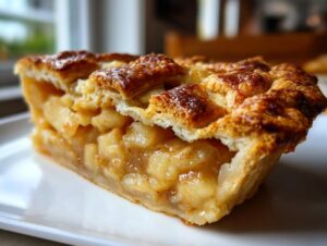 Close-up of a thick slice of homemade apple pie showing a flaky, golden lattice crust and rich apple filling.