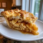 Close-up of a thick slice of homemade apple pie showing flaky crust and cinnamon-spiced apple filling.
