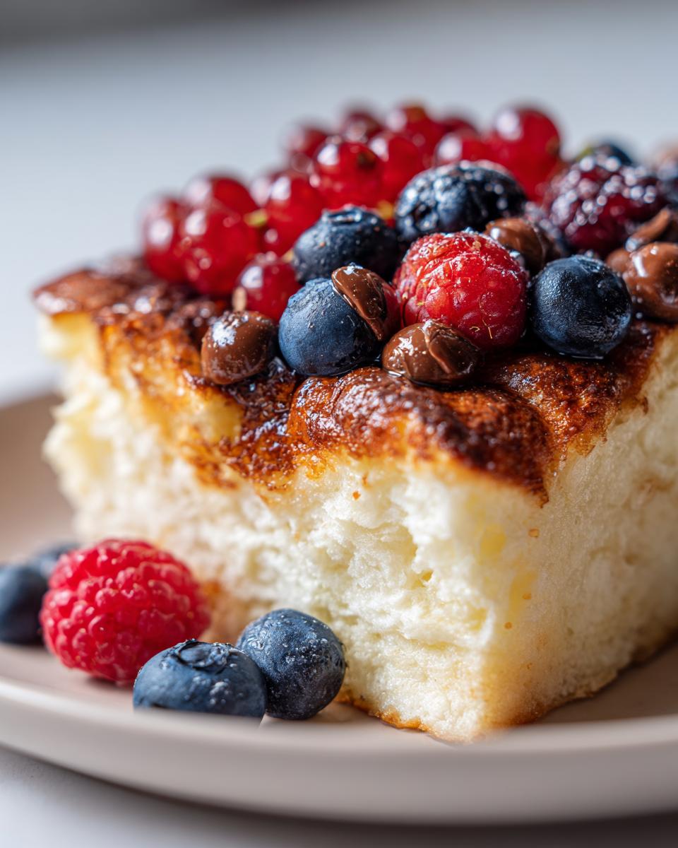 Close-up of a thick, fluffy slice of sheet pan pancakes topped with fresh berries and chocolate drizzle.