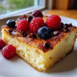 Close-up of a fluffy slice of sheet pan pancakes topped with fresh raspberries, blueberries, and chocolate chips.