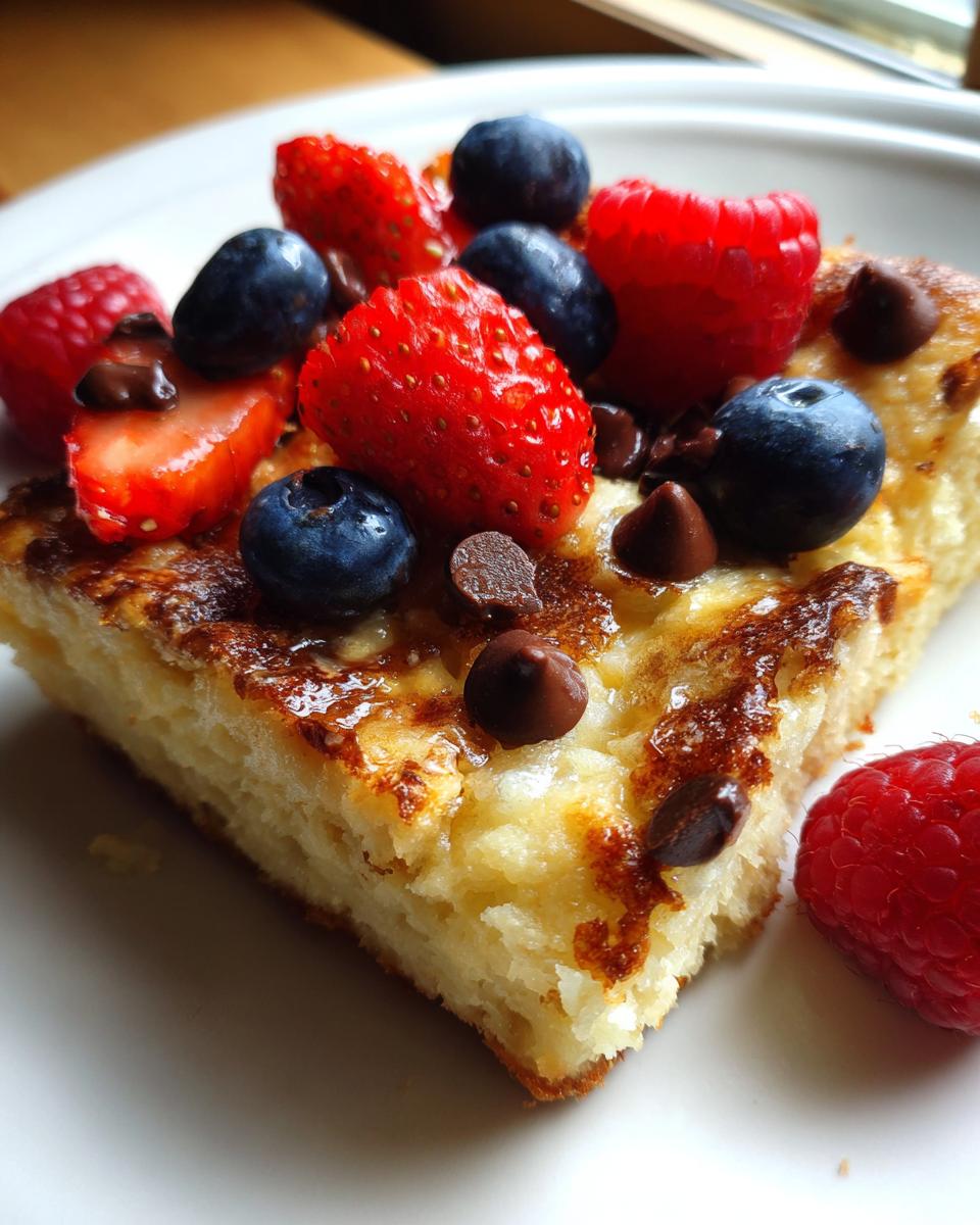 Close-up of a thick slice of fluffy sheet pan pancakes topped with fresh blueberries, strawberries, raspberries, and chocolate chips.