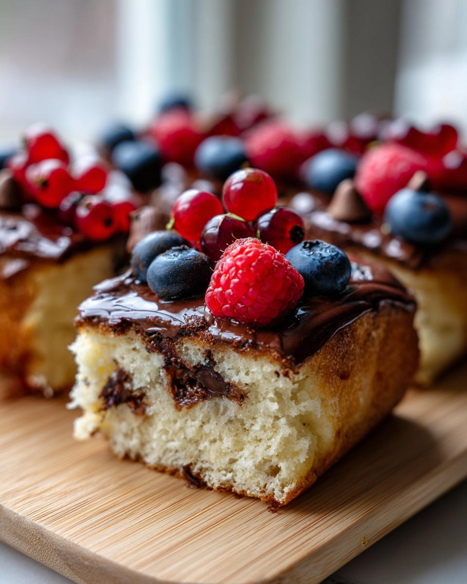 Close-up of a fluffy slice of sheet pan pancakes topped with chocolate glaze, raspberries, blueberries, and red currants.
