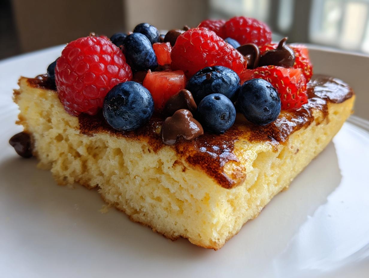 Close-up of a thick, fluffy slice of sheet pan pancakes topped with fresh raspberries, blueberries, strawberries, and chocolate chips.