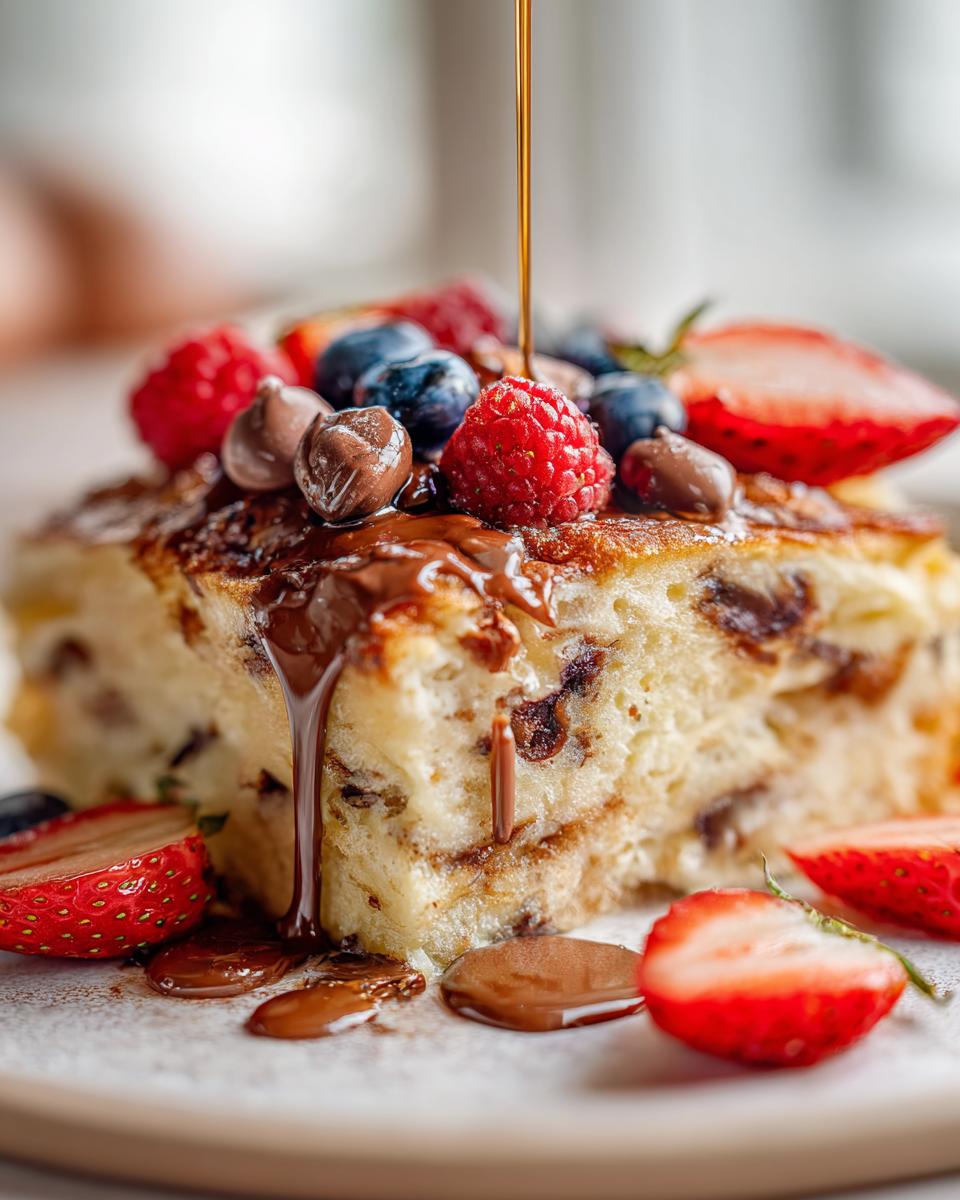 A thick slice of fluffy sheet pan pancakes topped with berries, chocolate chips, and syrup being drizzled on top.