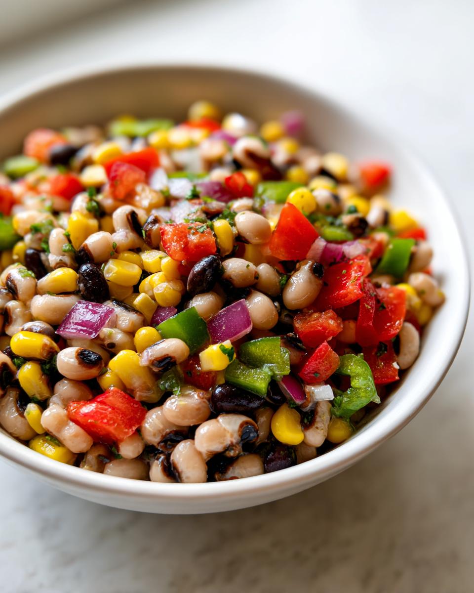 Close-up view of a vibrant cowboy caviar recipe dip featuring black-eyed peas, corn, red onion, and bell peppers.