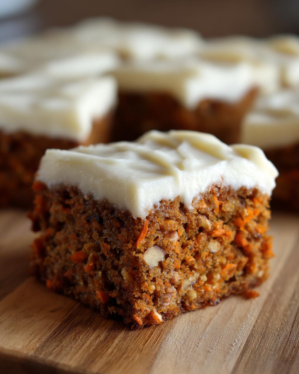 A close-up of one square of moist carrot cake bars topped with thick cream cheese frosting.