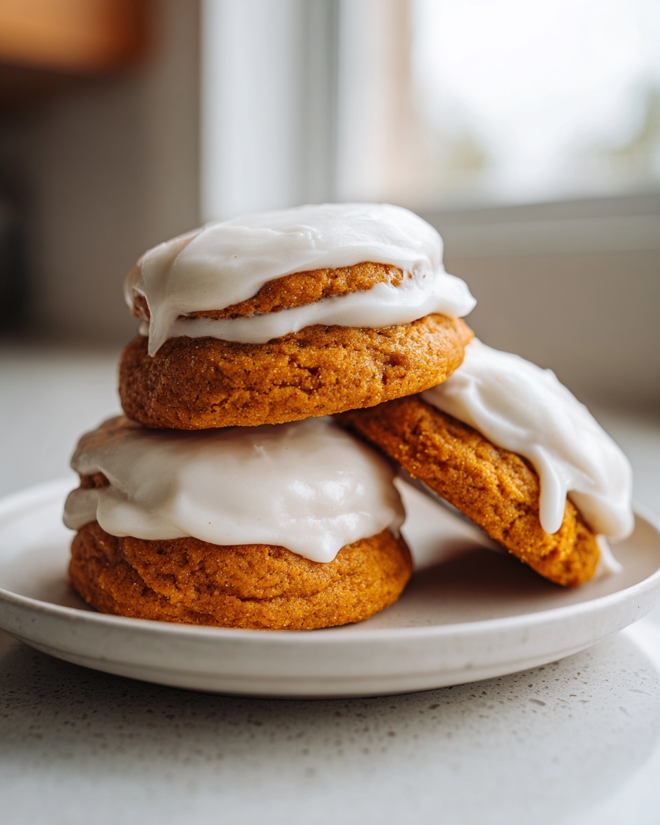 A stack of three soft, orange pumpkin cookie treats topped with thick white icing.