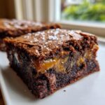 Close-up of a fudgy caramel brownie square topped with flaky sea salt, showing a gooey caramel center.