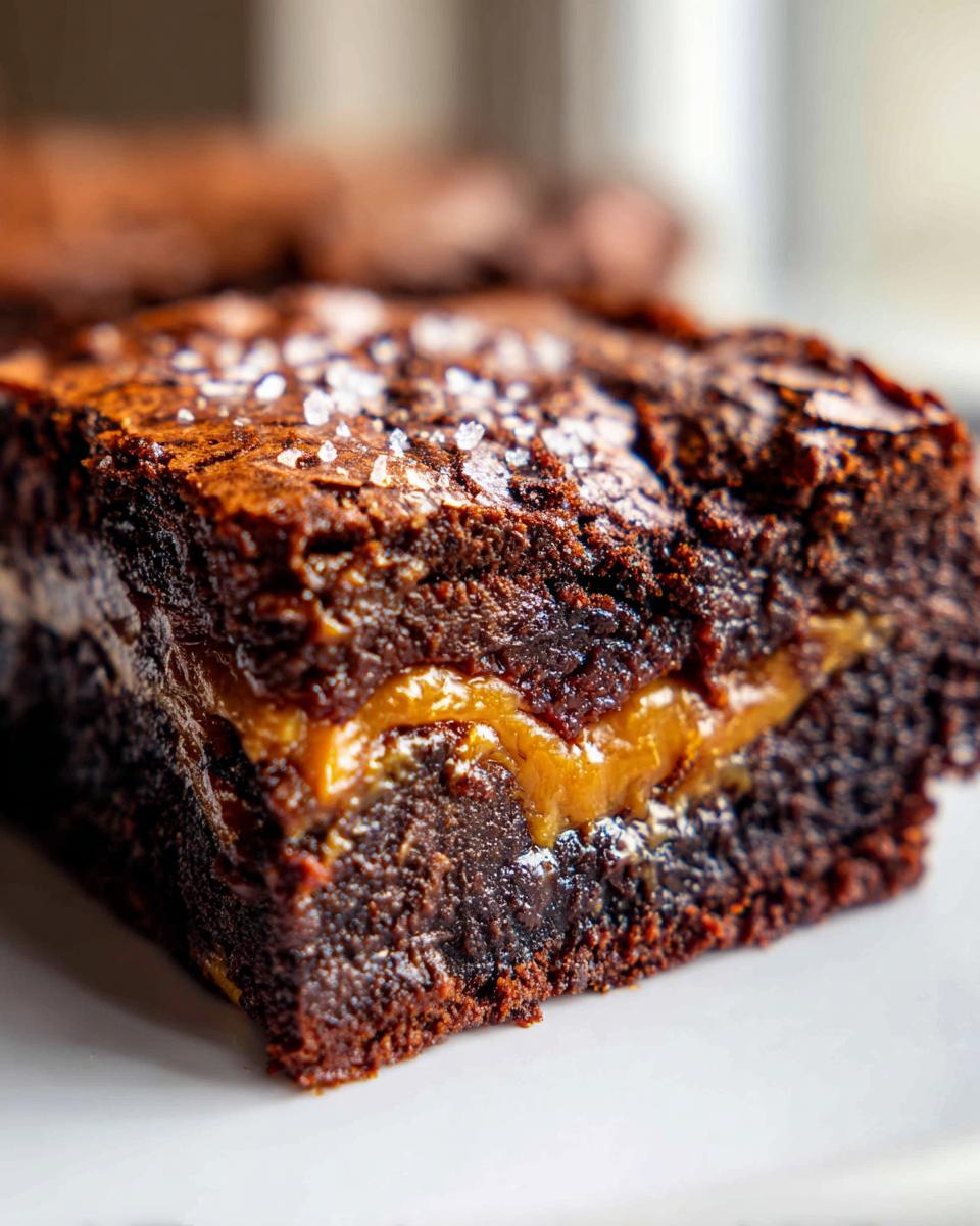 Close-up of a fudgy caramel brownies slice showing a thick layer of gooey caramel filling and flaky sea salt.
