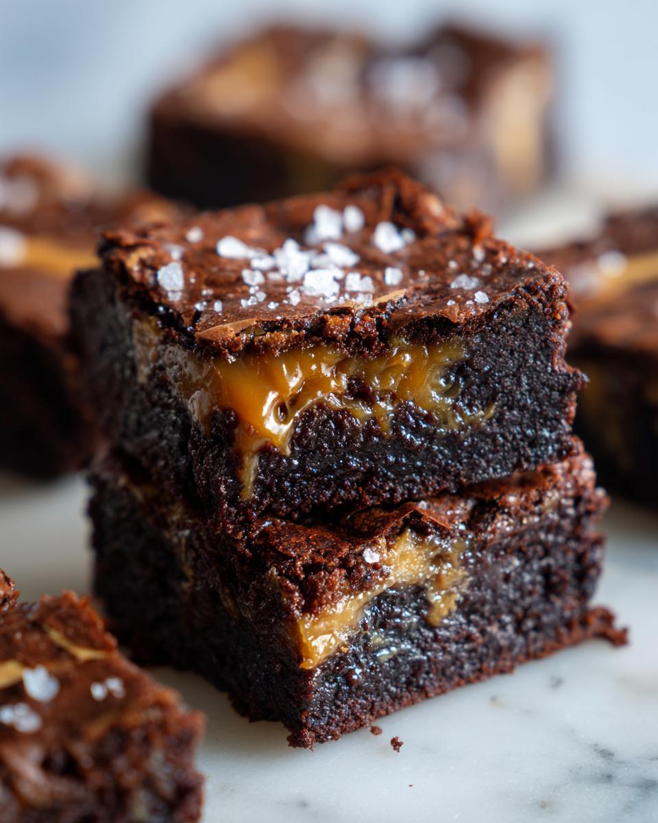Close-up of two stacked, fudgy caramel brownies topped with flaky sea salt.