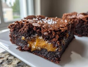 Close-up of a fudgy caramel brownie square showing a gooey caramel center and flaky sea salt topping.
