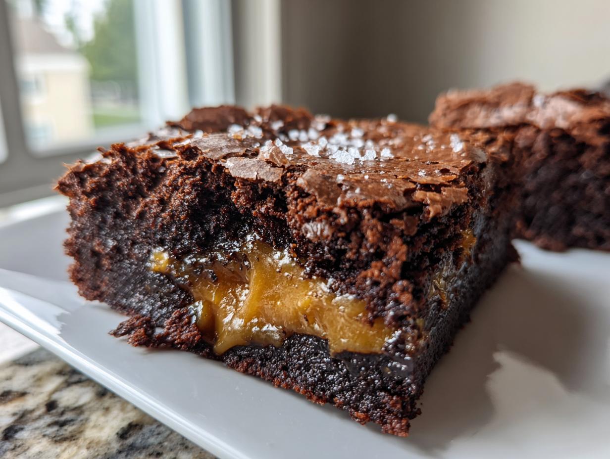 Close-up of a fudgy caramel brownie square showing a gooey caramel center and flaky sea salt topping.